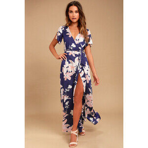 Lulus Azalea Regalia Navy Blue Floral Print Wrap Maxi Dress - Size M